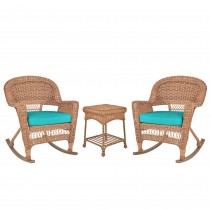 3pc Honey Rocker Wicker Chair Set With Turquoise Cushion