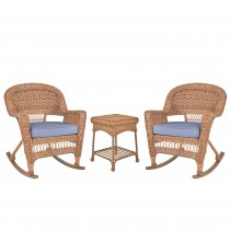 3pc Honey Rocker Wicker Chair Set With Steel Blue Cushion