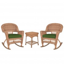 3pc Honey Rocker Wicker Chair Set With Hunter Green Cushion