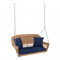 Honey Resin Wicker Porch Swing with Midnight Blue Cushion