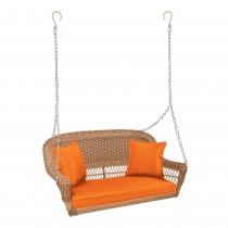 Honey Resin Wicker Porch Swing with Orange Cushion