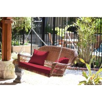 Honey Resin Wicker Porch Swing with Red Cushion