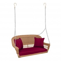 Honey Resin Wicker Porch Swing with Red Cushion