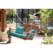 Honey Resin Wicker Porch Swing with Turquoise Cushion