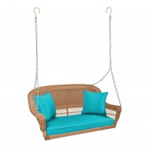 Honey Resin Wicker Porch Swing with Turquoise Cushion