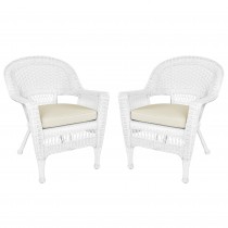 White Wicker Chair With Ivory Cushion - Set of 2