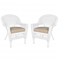 White Wicker Chair With Tan Cushion - Set of 2