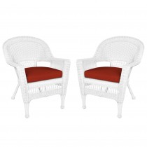 White Wicker Chair With Brick Red Cushion - Set of 2