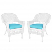 White Wicker Chair With Sky Blue Cushion - Set of 2