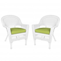 White Wicker Chair With Sage Green Cushion - Set of 2