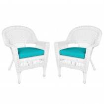 White Wicker Chair With Turquoise Cushion - Set of 2