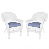 White Wicker Chair With Steel Blue Cushion - Set of 2