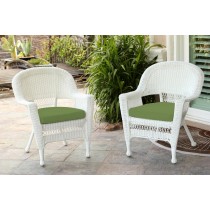 White Wicker Chair With Hunter Green Cushion - Set of 2