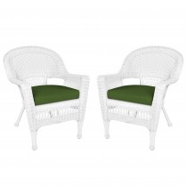 White Wicker Chair With Hunter Green Cushion - Set of 2