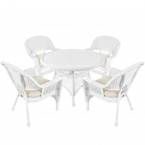 5pc White Wicker Dining Set - Ivory Cushions
