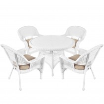 5pc White Wicker Dining Set - Tan Cushions