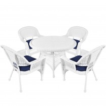 5pc White Wicker Dining Set - Midnight Blue Cushions