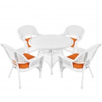 5pc White Wicker Dining Set - Orange Cushions