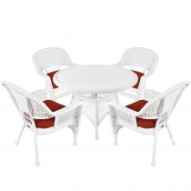 5pc White Wicker Dining Set - Brick Red Cushions