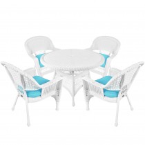 5pc White Wicker Dining Set - Sky Blue Cushions