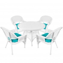 5pc White Wicker Dining Set - Turquoise Cushions