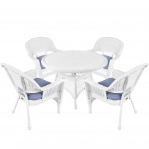 5pc White Wicker Dining Set - Steel Blue Cushions