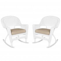 White Rocker Wicker Chair with Tan Cushion-  Set of 2