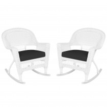 White Rocker Wicker Chair with Black Cushion-  Set of 2