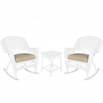 3pc White Rocker Wicker Chair Set With Tan Cushion