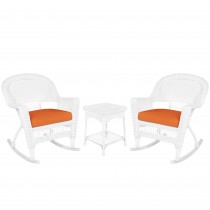 3pc White Rocker Wicker Chair Set With Orange Cushion