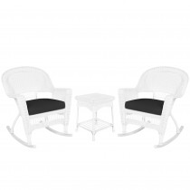 3pc White Rocker Wicker Chair Set With Black Cushion