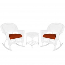 3pc White Rocker Wicker Chair Set With Brick Red Cushion
