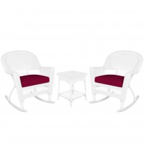 3pc White Rocker Wicker Chair Set With Red Cushion