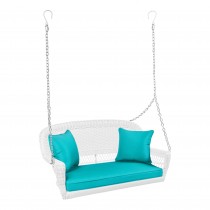 White Resin Wicker Porch Swing with Turquoise Cushion