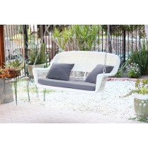 White Resin Wicker Porch Swing with Steel Blue Cushion