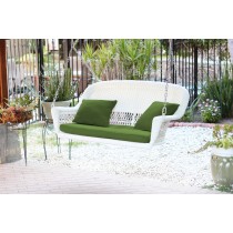 White Resin Wicker Porch Swing with Hunter Green Cushion