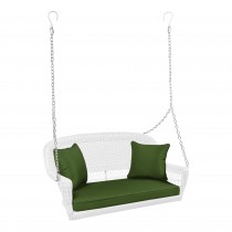 White Resin Wicker Porch Swing with Hunter Green Cushion
