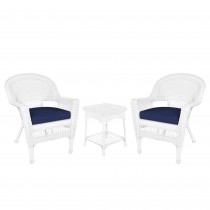 White Wicker Chair And End Table Set With Midnight Blue Chair Cushion