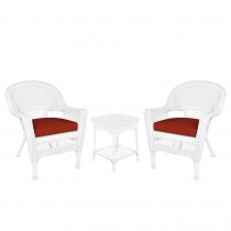 White Wicker Chair And End Table Set With Brick Red Chair Cushion
