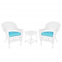White Wicker Chair And End Table Set With Sky Blue Chair Cushion