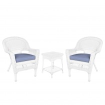 White Wicker Chair And End Table Set With Steel Blue Chair Cushion
