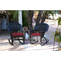 Black Rocker Wicker Chair with Red Cushion -  Set of 2