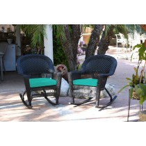 Black Rocker Wicker Chair with Turquoise Cushion -  Set of 2