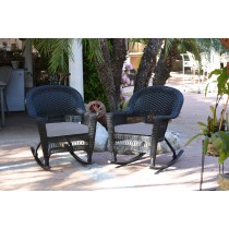 Black Rocker Wicker Chair with Steel Blue Cushion -  Set of 2