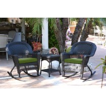3pc Black Rocker Wicker Chair Set With Hunter Green Cushion