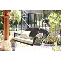 Black Resin Wicker Porch Swing with Ivory Cushion