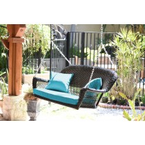 Black Resin Wicker Porch Swing with Sky Blue Cushion
