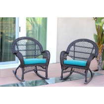 Santa Maria Espresso Wicker Rocker Chair with Sky Blue Cushion - Set of 2