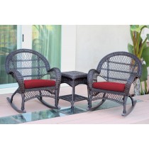 3pc Santa Maria Espresso Rocker Wicker Chair Set - Red Cushions