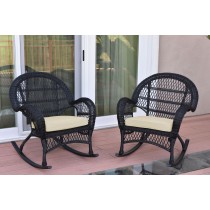 Santa Maria Black Wicker Rocker Chair with Ivory Cushion - Set of 2